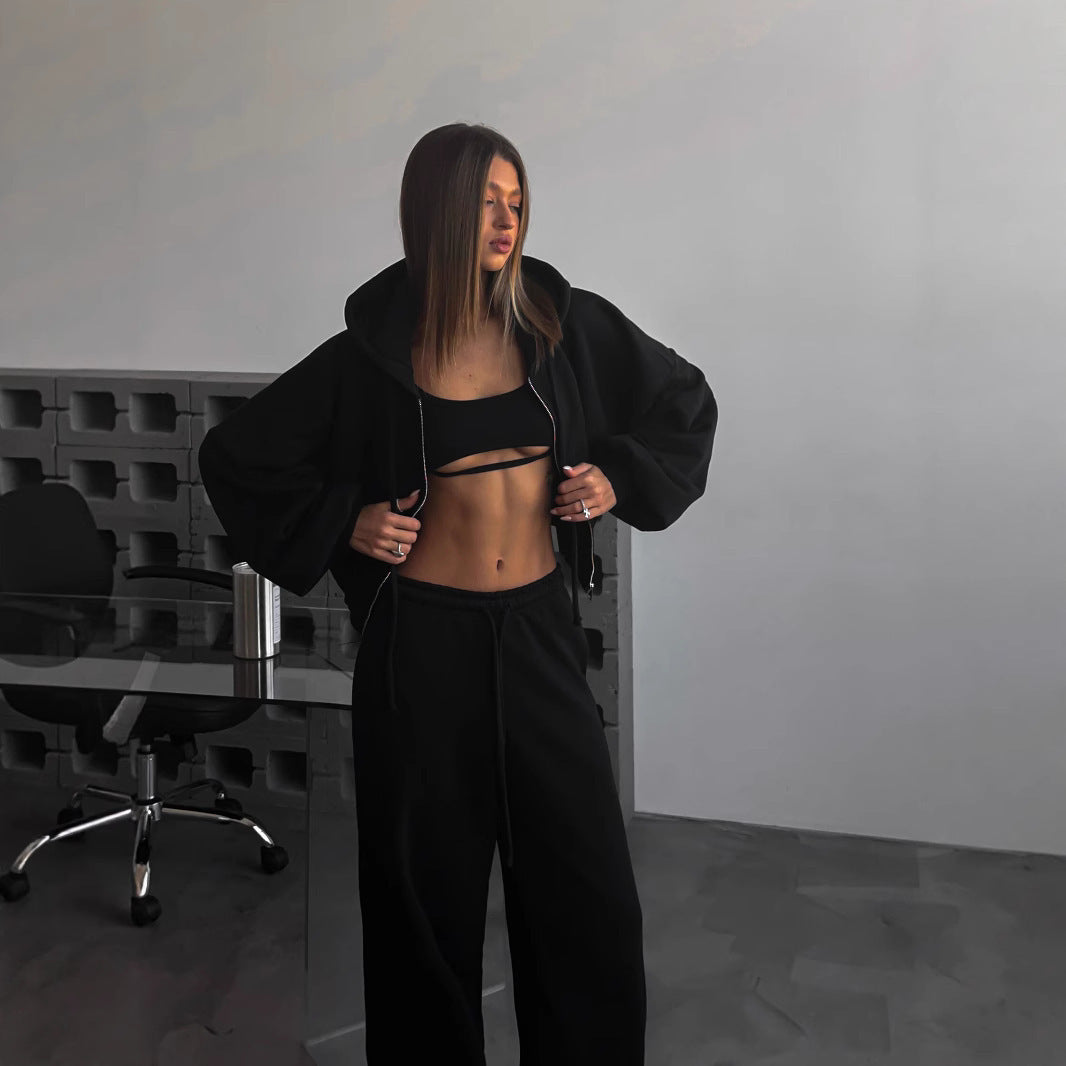 Damen kurzes Kapuzenzipper-Lounge-Set mit oversized Ärmeln und weitem Jogginghose-Schnitt Drune