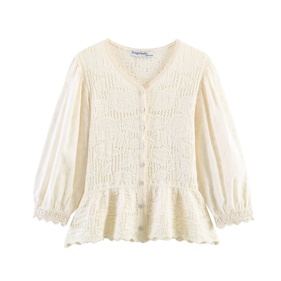 Damen Strickbluse mit Knopfreihe, Spitzenmanschetten und Volant‑Peplum Drune