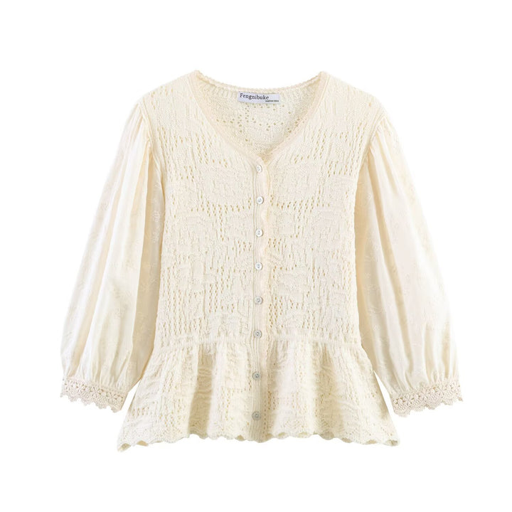 Damen Strickbluse mit Knopfreihe, Spitzenmanschetten und Volant‑Peplum Drune