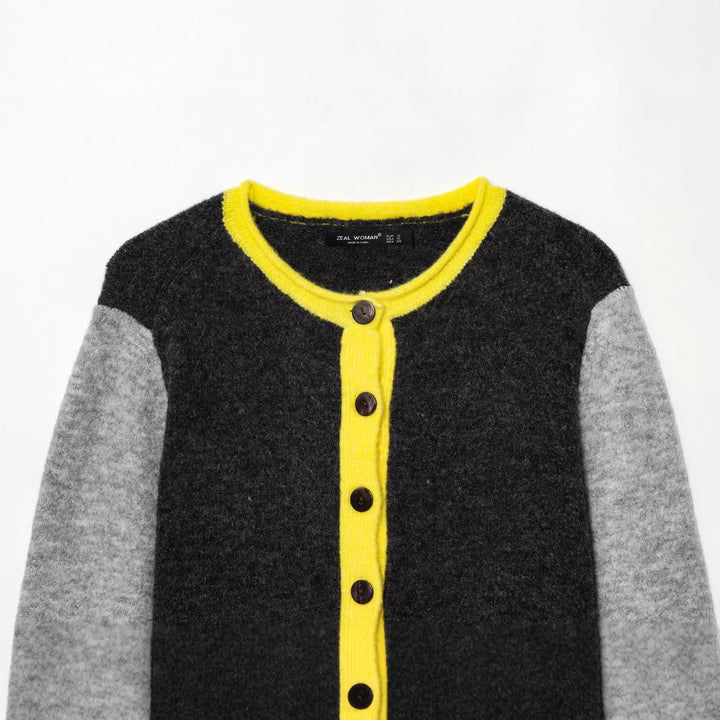 Damen nan kurze zweifarbige Wollcardigan mit kontrastierter Knopfleiste geripptem Saum und Hornknöpfen Drune