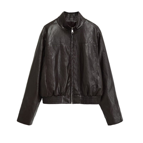 Damen Kurzblouson im Vintage-Lederlook mit Stehkragen, Reißverschluss und breitem Rippbündchen Drune