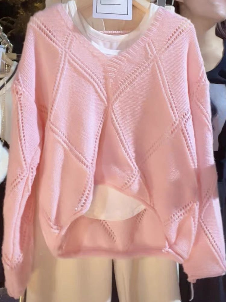 Damen lässiger Strickpullover mit Luftmaschenmuster Drune