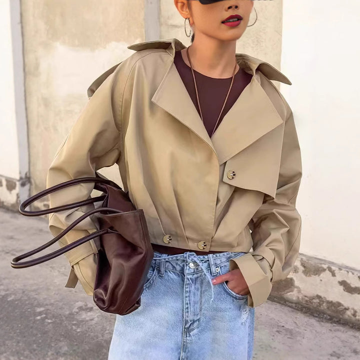 Damen Trendige Cropped Trenchjacke mit innovativen Ärmeln Drune