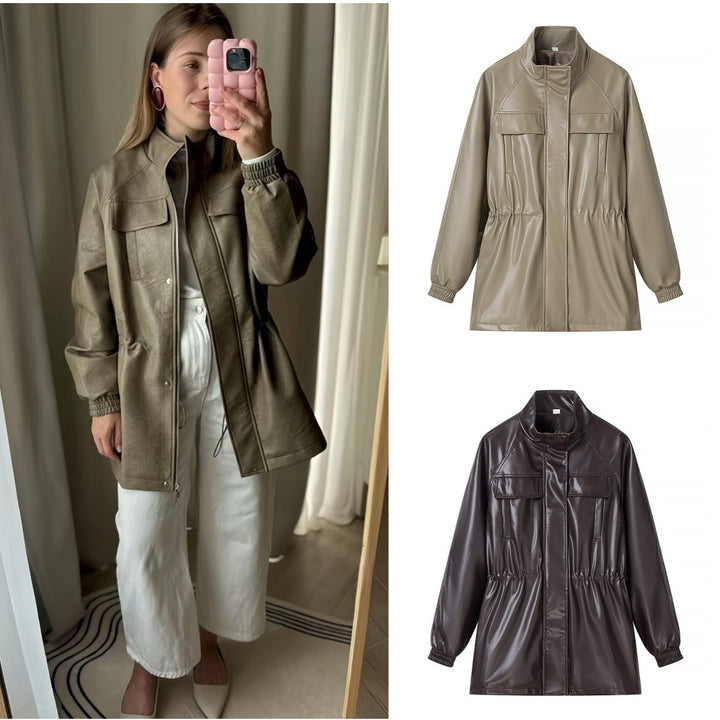 Damen Wasserabweisende Kurzparka aus Kunstleder mit Stehkragen, Taillenzug und Pattentaschen Drune