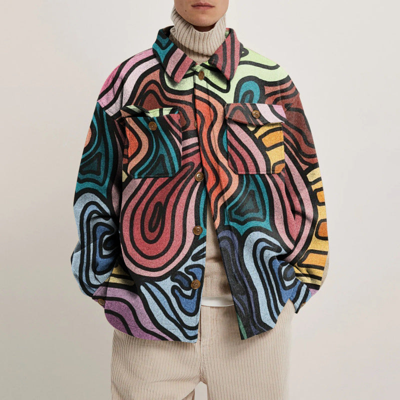 Damen Oversized Wolloptik-Überhemd mit asymmetrischem Vogelprint und Pattentasche Drune