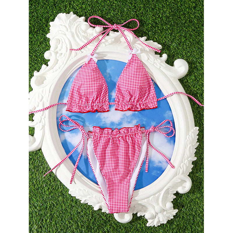Damen Check-Muster Triangel-Bikini Set Drune