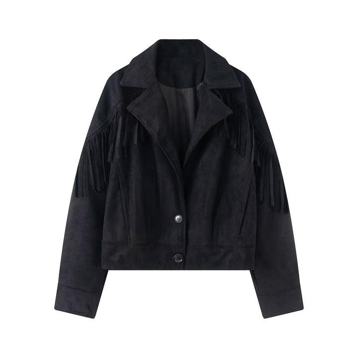 Damen kurze Wildlederimitat-Jacke mit Fransen und Reverskragen Drune