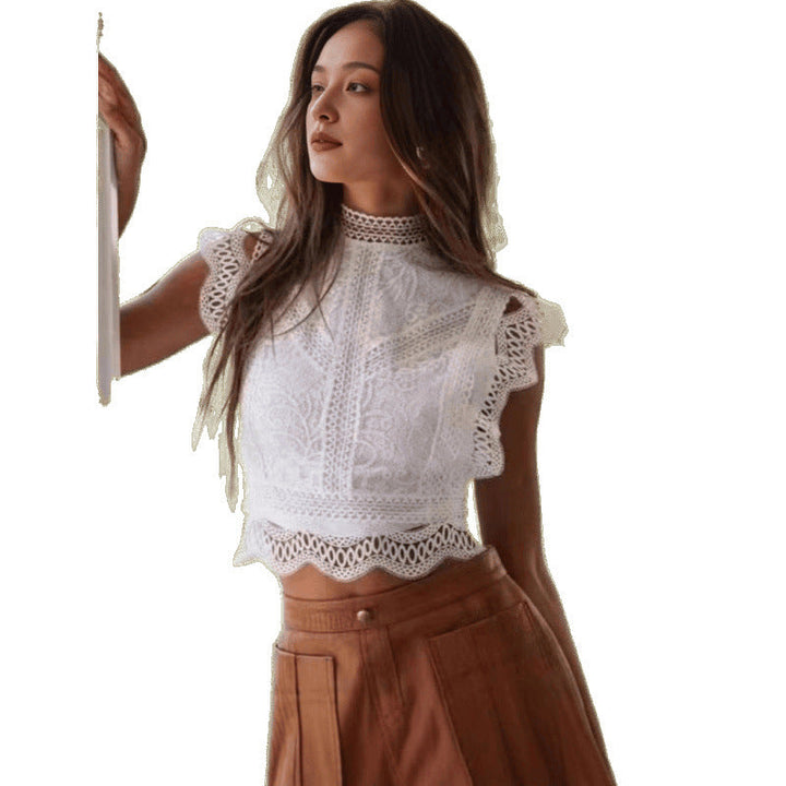 Damen Spitze Detail kurze Bluse Drune
