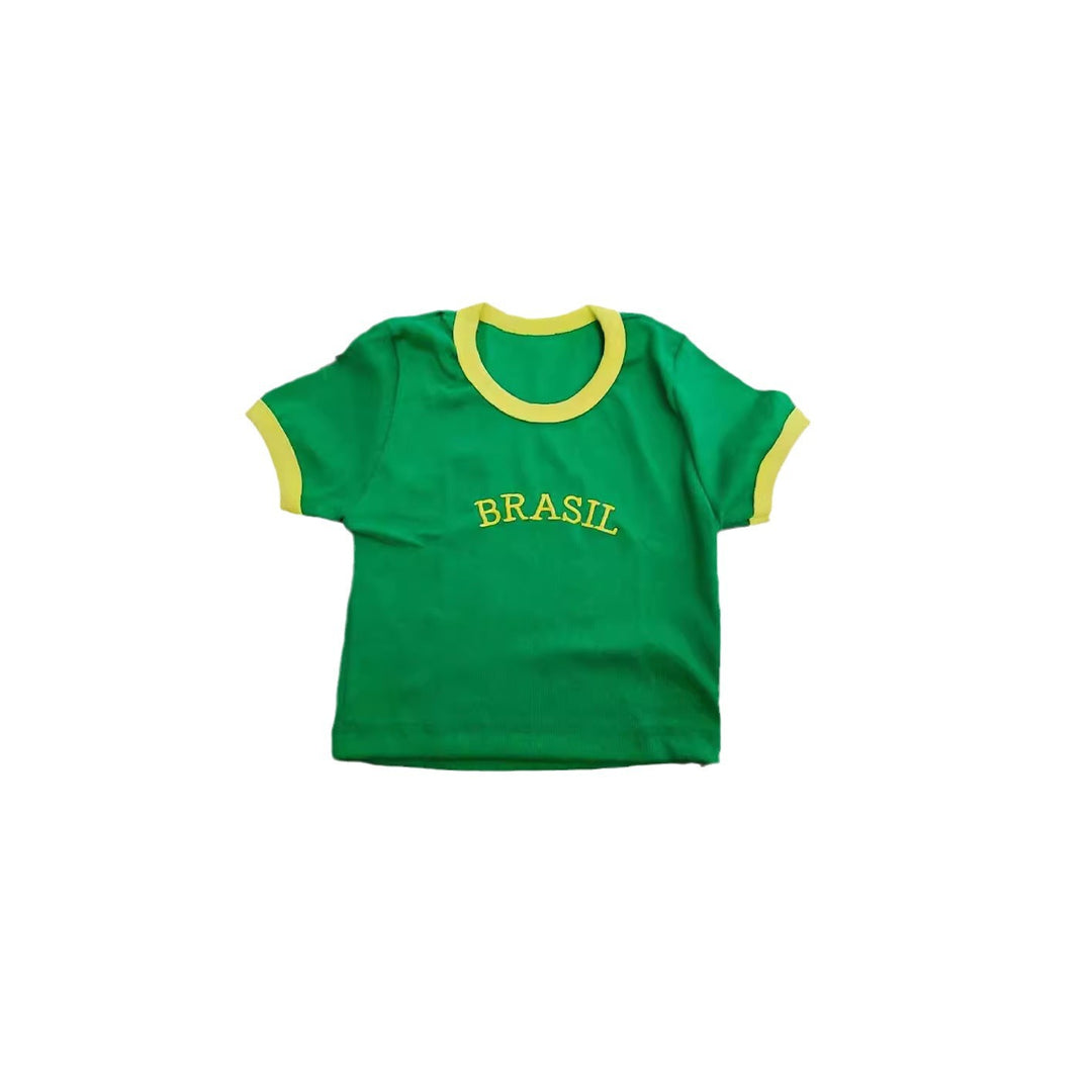 Damen Crop T-Shirt mit Brasil Schriftzug und bunten Akzenten Drune
