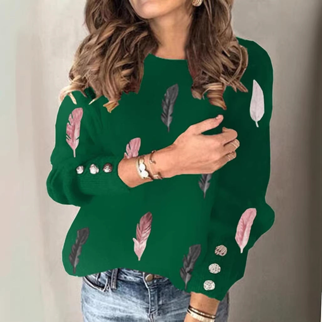 Damen Feinstrickpullover mit Federmotiv, Rundhalsausschnitt und dekorativer Knopfleiste Drune