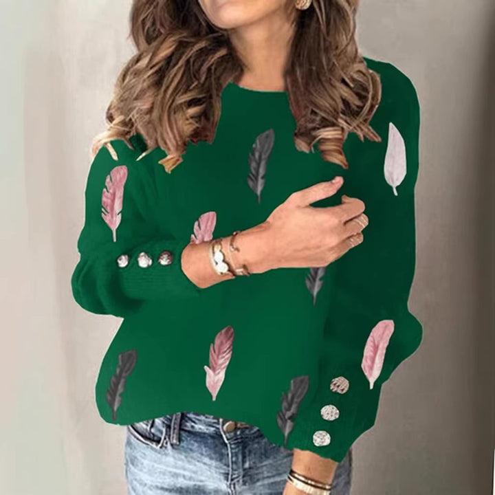 Damen Feinstrickpullover mit Federmotiv, Rundhalsausschnitt und dekorativer Knopfleiste Drune
