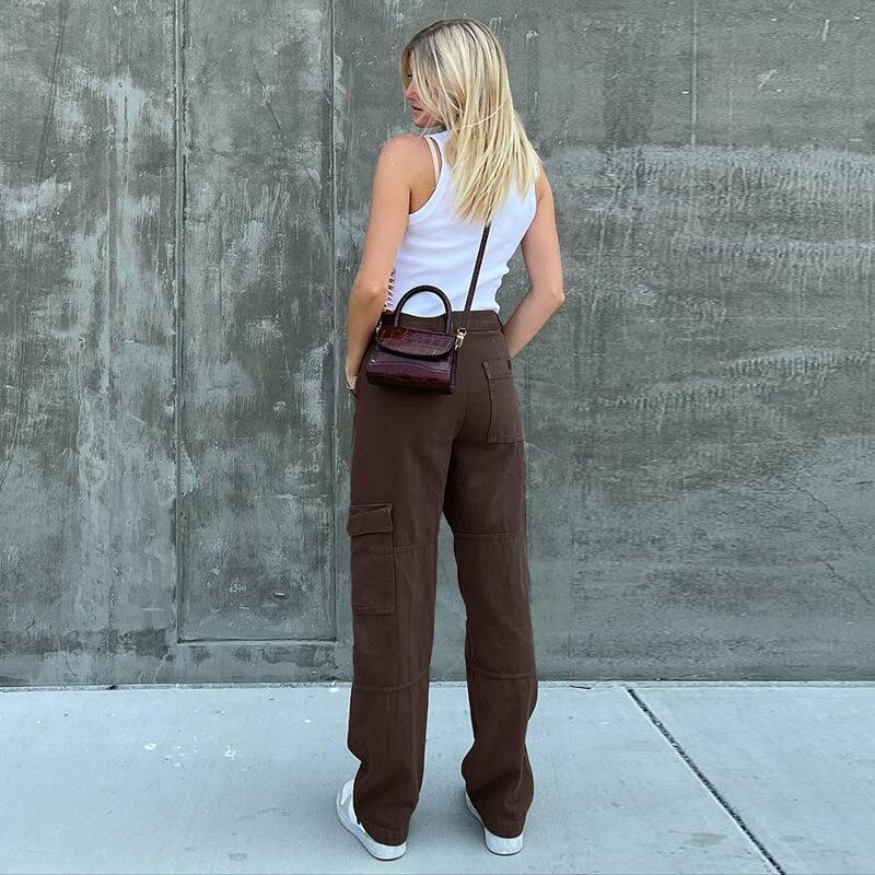 Damen Hochtaillierte Relaxed-Cargo-Hose mit weitem Bein und Knieabnähern Drune