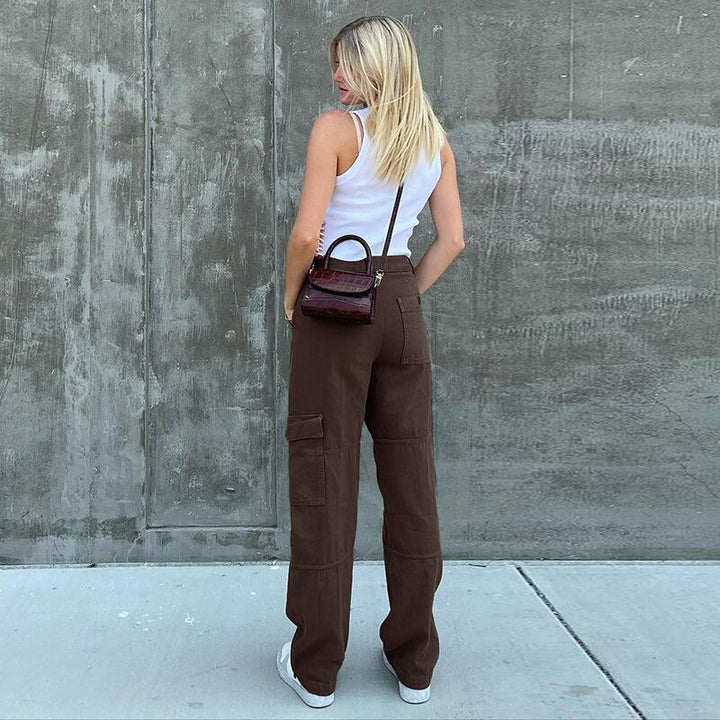 Damen Hochtaillierte Relaxed-Cargo-Hose mit weitem Bein und Knieabnähern Drune