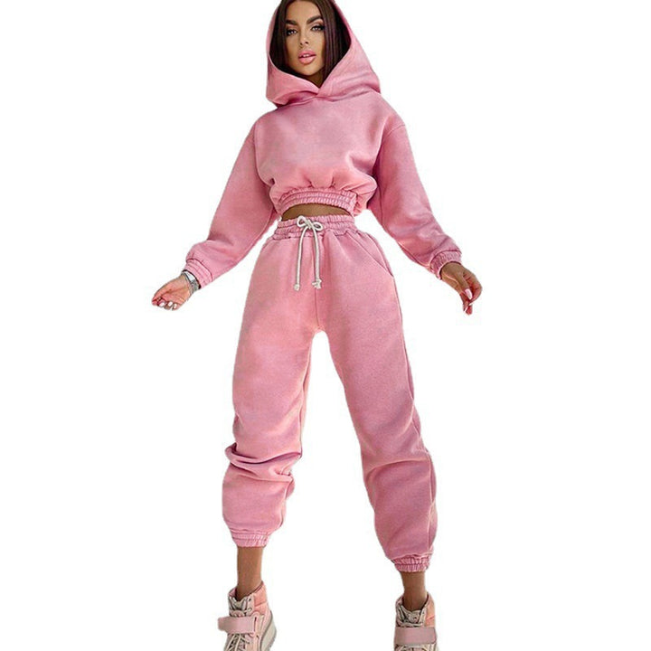 Damen cropped Kapuzen-Sweatset mit elastischem Rippbund und High-Waist Jogginghose Drune