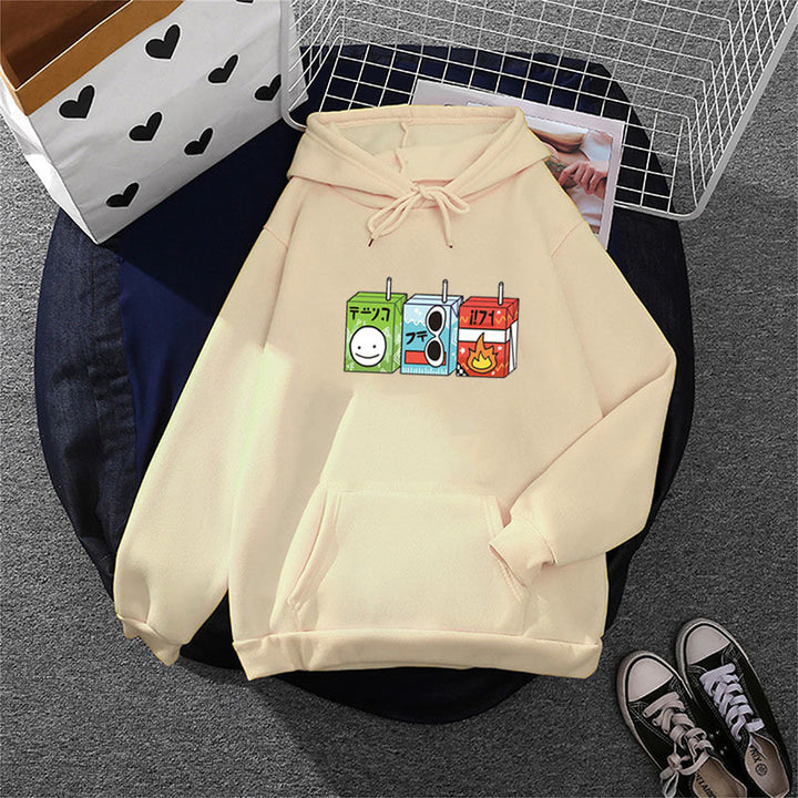 Damen nan oversized Kapuzenpullover mit Cartoon-Getränkekarton-Print, Kängurutasche und weichem Innenfutter Drune