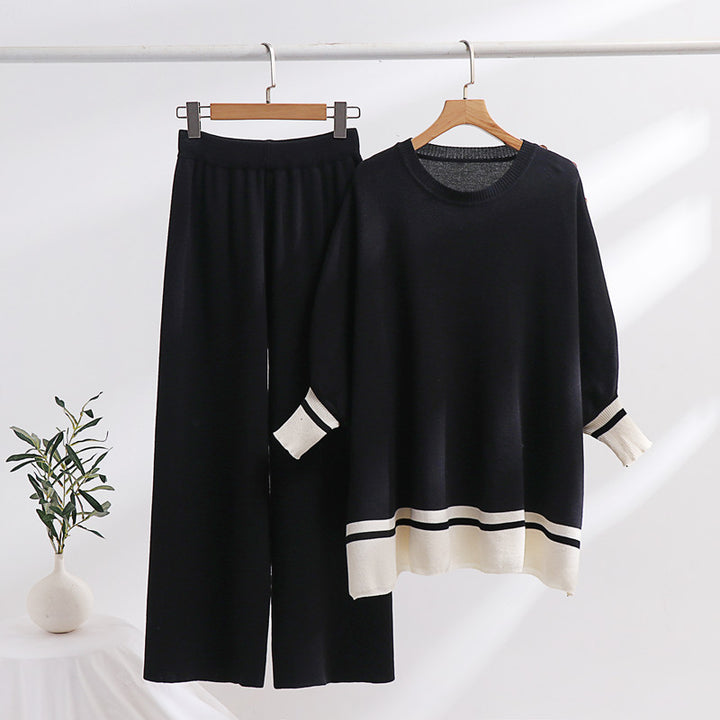 Damen lässiges Strick-Loungewear-Set mit modischem Kontrastsaum und weitem Schnitt Drune
