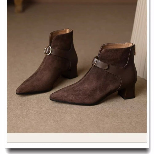 Damen elegante spitze Velours-Ankle-Boots mit mittelhohem Blockabsatz und Zierspange Drune