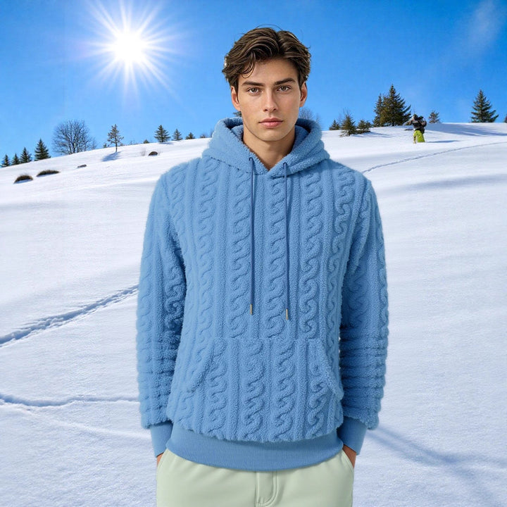 Herren Flauschiger Sherpa-Hoodie mit Zopfmuster, Kängurutasche und Rippbündchen Drune