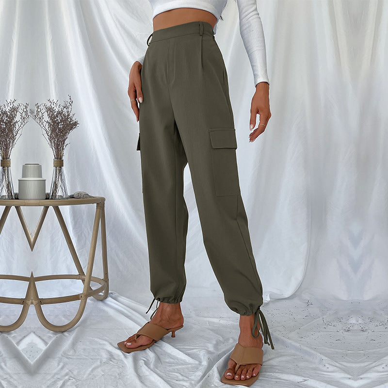 Damen High-Waist Cargo-Joggerhose mit Pattentaschen und Saum-Tunnelzug Drune