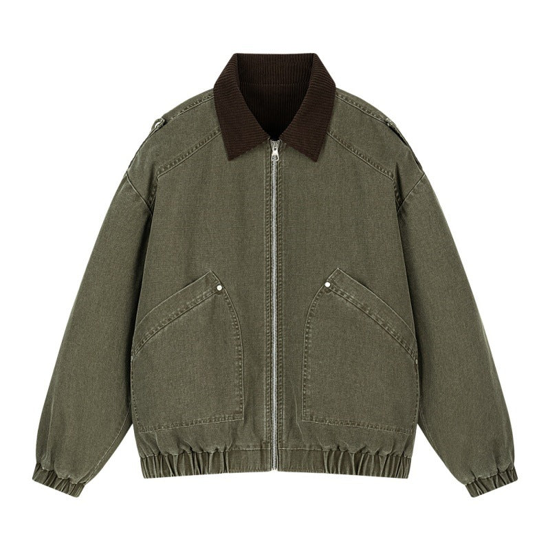 Herren Oversize-Canvas-Bomberjacke mit Cordkragen, Reißverschluss & Eingrifftaschen Drune
