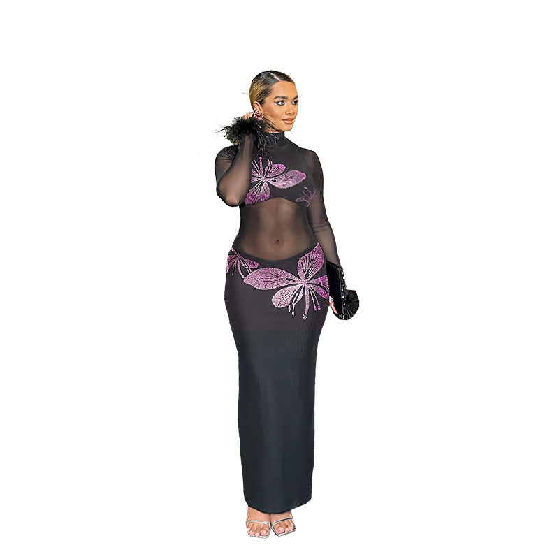 Damen Transparente Maxi-Robe mit kunstvollen Schmetterlingsdetails Drune