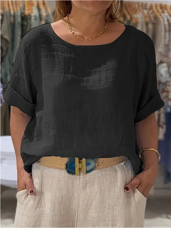 Damen Leichte Leinenbluse mit umgeschlagenen Ärmeln Drune