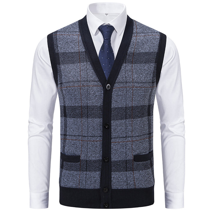 Herren Ärmellose Strickweste mit Rauten‑Muster, V‑Ausschnitt und Knopfleiste Drune