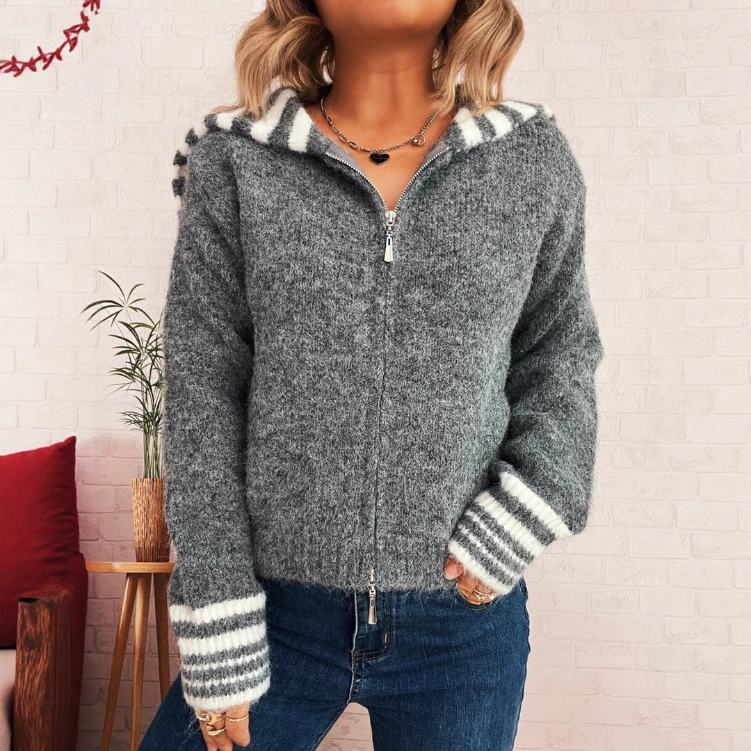 Damen kuschelige Strickjacke mit stilvollem Reißverschluss und modischen Streifen Drune