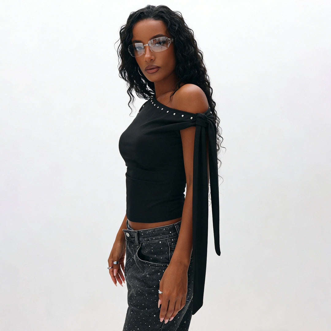 Damen Elegantes One-Shoulder Top mit dekorativen Steinen Drune