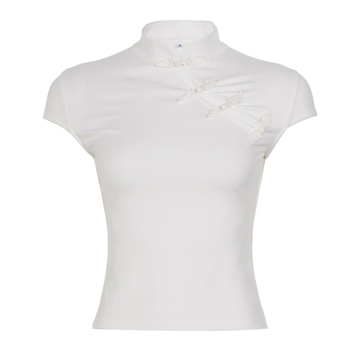 Damen elegantes Kurzarm-Oberteil mit feinen Stickdetails Drune