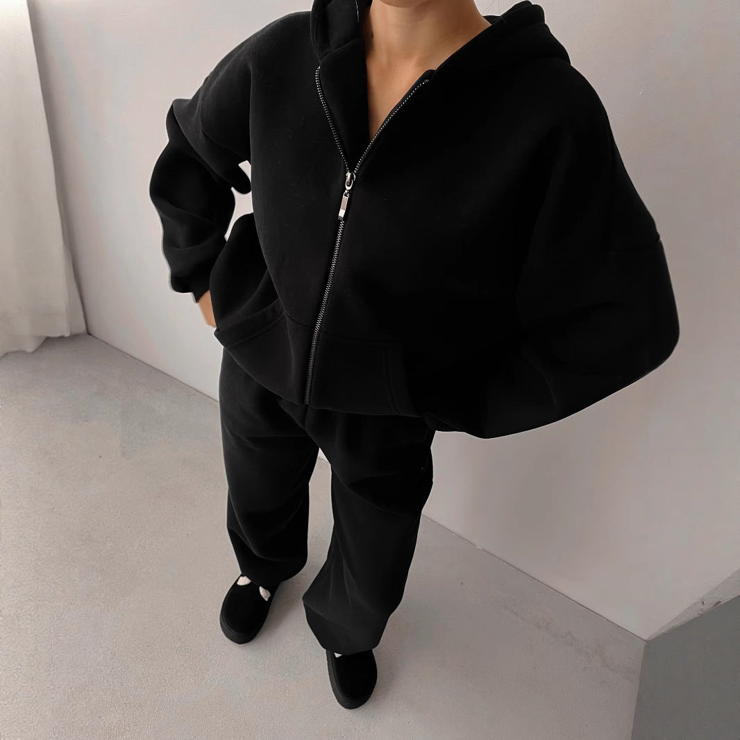 Damen Baumwoll-Fleece Lounge-Set mit Oversize-Zip-Hoodie und Palazzo-Sweatpants Drune