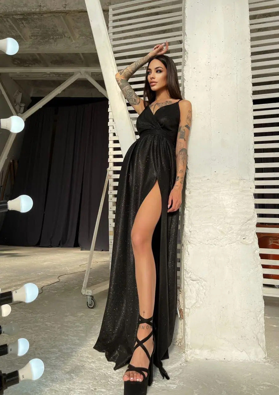 Damen Elegantes Glitzer-Maxikleid mit tiefem Schlitz und schickem Wickeldesign Drune