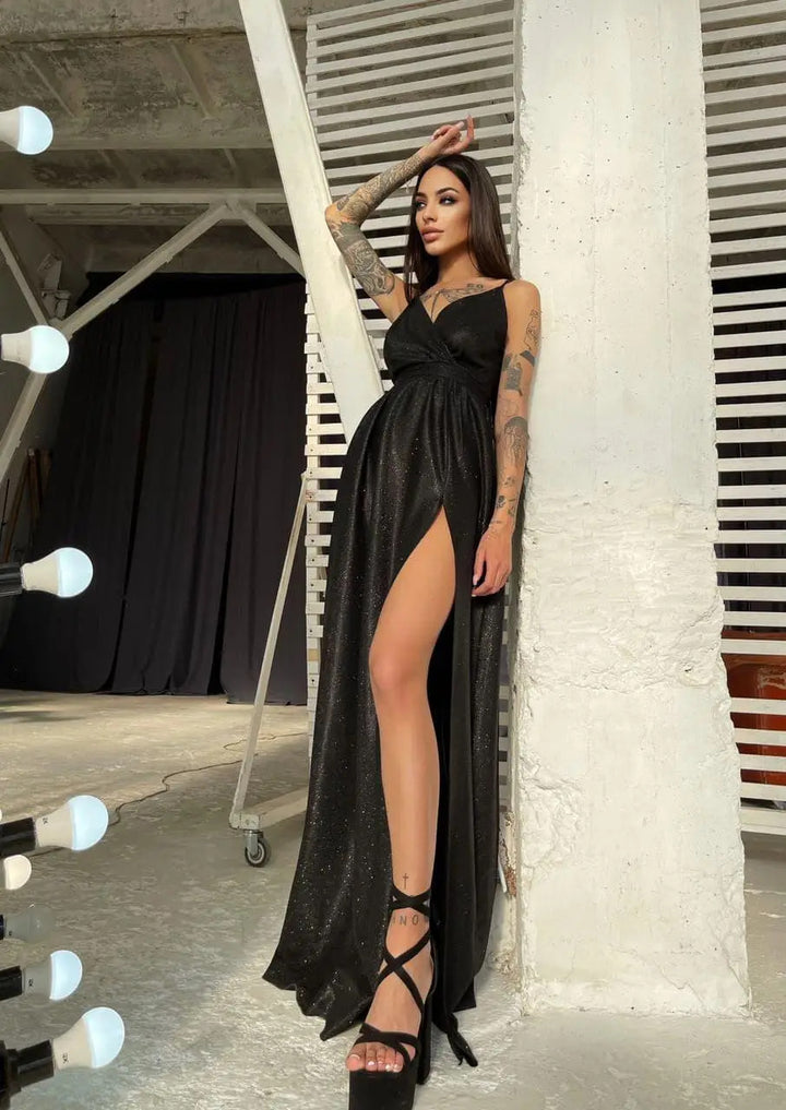 Damen Elegantes Glitzer-Maxikleid mit tiefem Schlitz und schickem Wickeldesign Drune