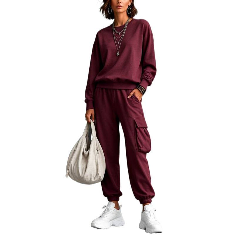 Damen Lounge-Set mit Rundhals-Sweatshirt und Cargo-Jogger aus French-Terry Drune