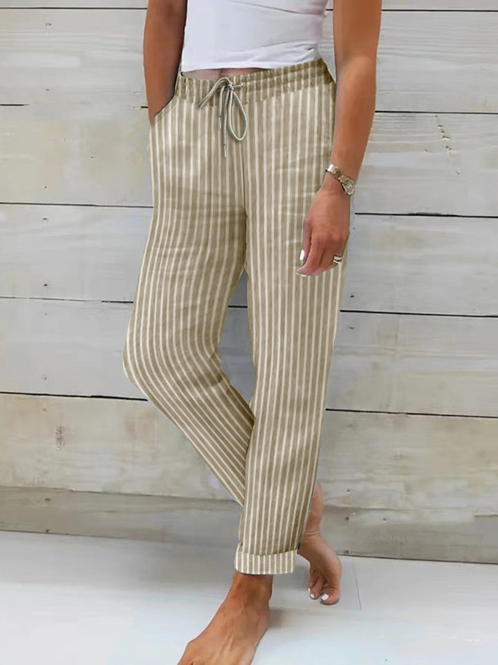 Damen entspannte Baumwoll-Streifenhose mit verstellbarem Bund Drune