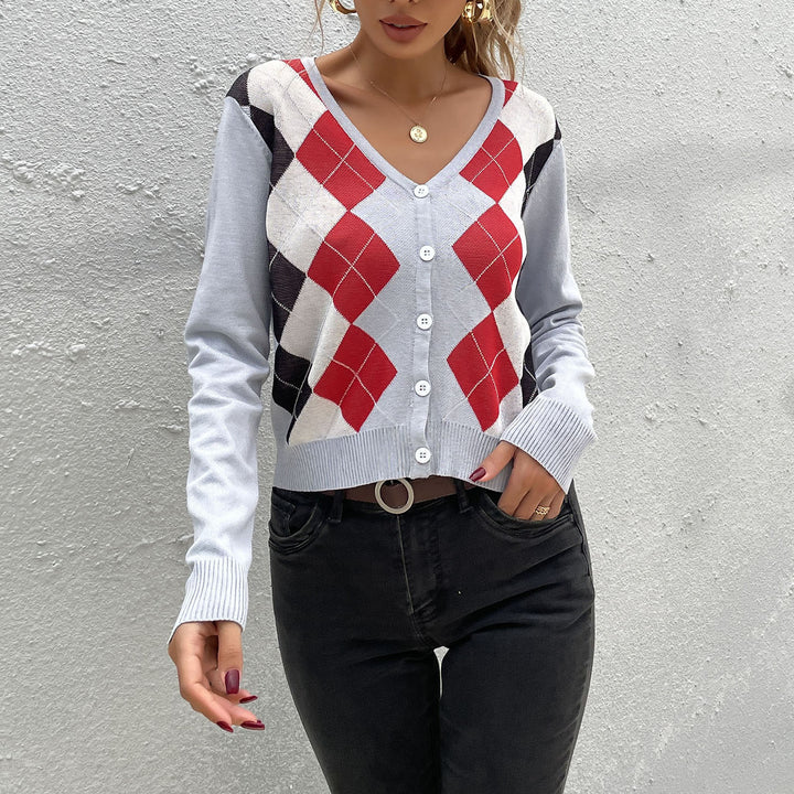Damen Argyle-Cardigan mit tiefem V-Ausschnitt, feinem Feinstrick und Knopfleiste Drune