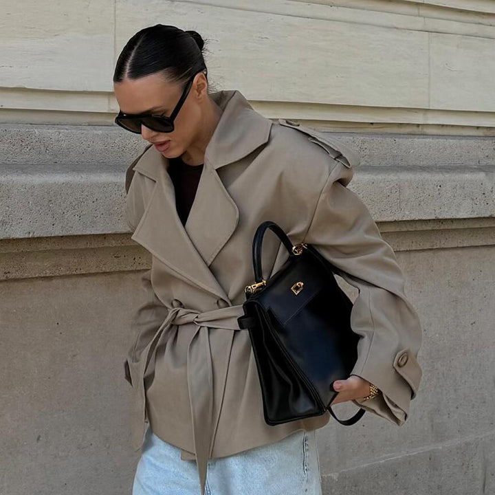 Damen Modischer Trenchcoat mit tailliertem Gürtel und überschnittenen Schultern Drune