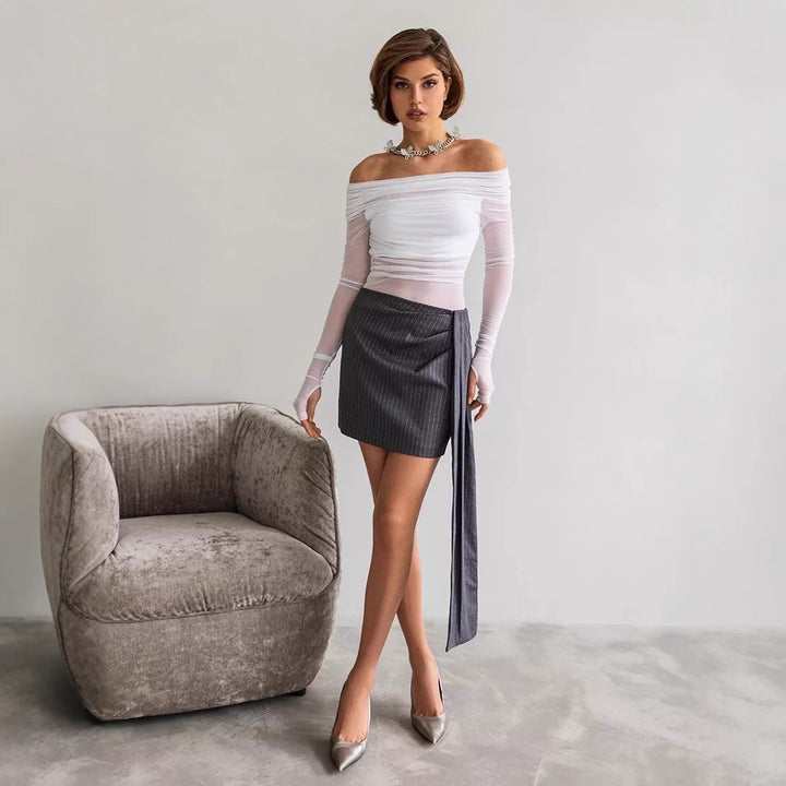 Damen Offshoulder Langarm-Top aus transparentem Netzmaterial Drune