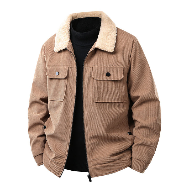 Herren Kord-Workjacke mit Sherpa-Kragen, verdecktem Reißverschluss und Multifach-Brusttaschen Drune