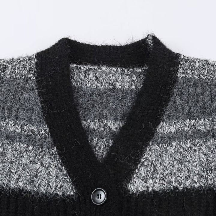 Damen Oversize Strickcardigan mit V-Ausschnitt, Streifenmuster und aufgesetzten Taschen Drune