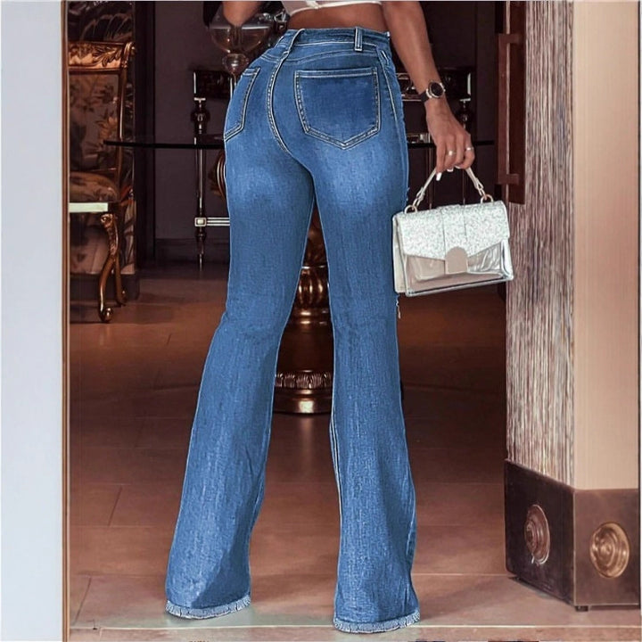 Damen hochgeschnittene Schlaghose aus Stretch-Denim mit ausgestelltem Bein, Knie-Rips und ausgefranstem Saum Drune