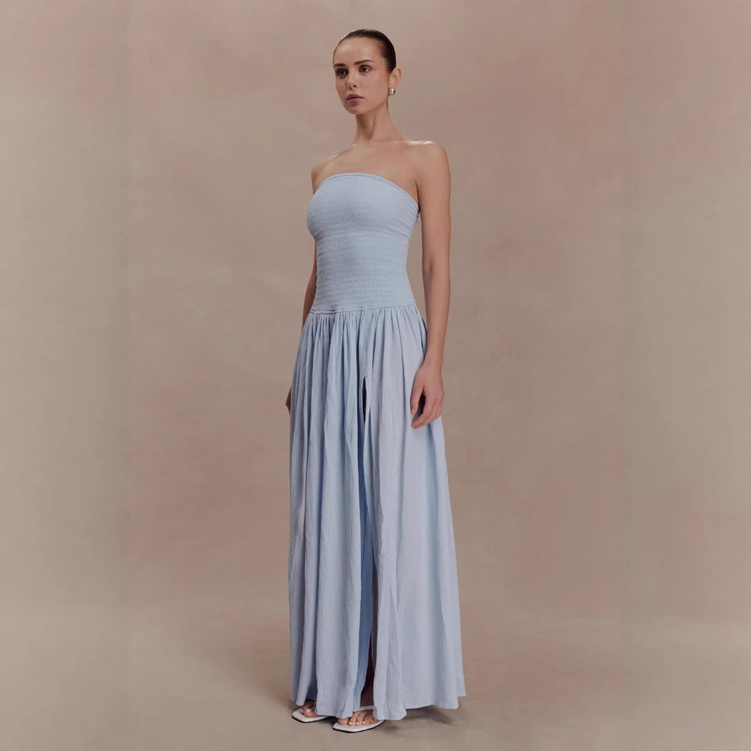 Damen Maxi-Kleid mit elastischem Oberteil und fließendem Rock Drune