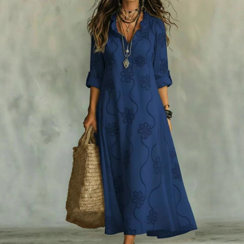 Damen Langes Boho-Maxikleid mit Blumenstickerei und V‑Ausschnitt Drune