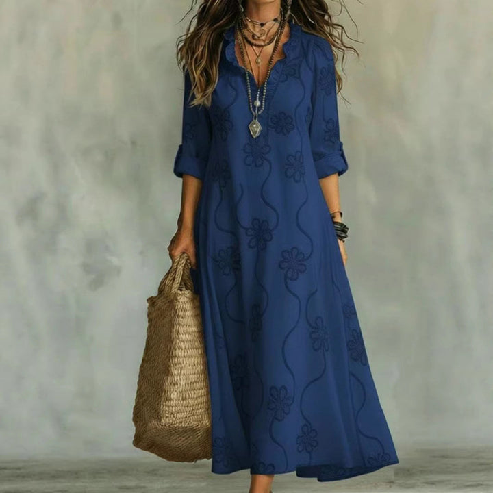 Damen Langes Boho-Maxikleid mit Blumenstickerei und V‑Ausschnitt Drune