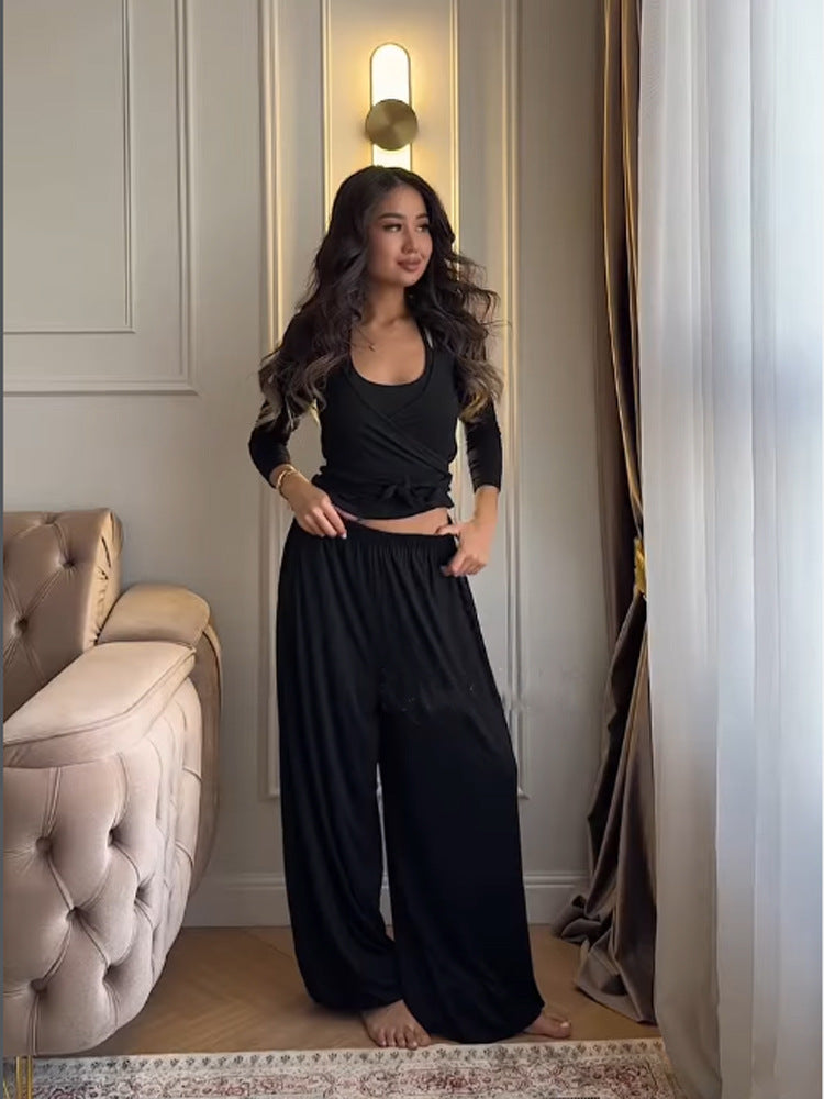 Damen Loungewear-Set mit Wickel-Cropped-Top und weiter Palazzo-Hose Drune