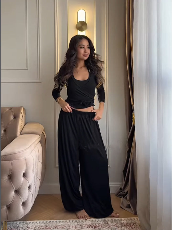Damen Loungewear-Set mit Wickel-Cropped-Top und weiter Palazzo-Hose Drune