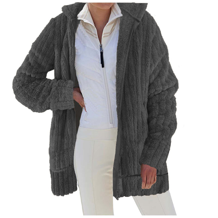 Damen Oversize Teddy‑Fleece Kapuzenmantel mit Rippbündchen und Eingrifftaschen Drune