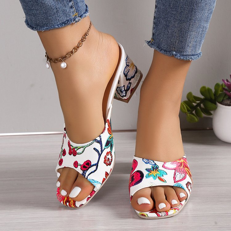 Damen Mules mit floralem Design und komfortablem Blockabsatz Drune