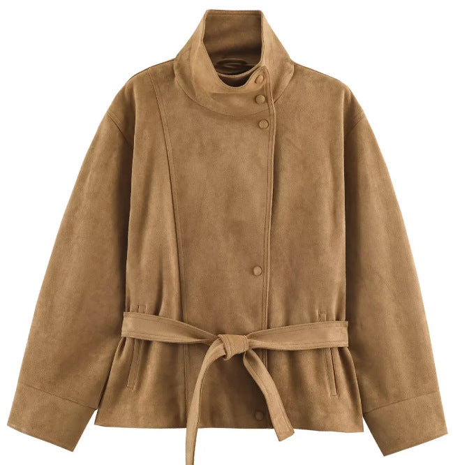 Damen Veloursleder-Optikjacke mit hohem Stehkragen und Taillengürtel Drune