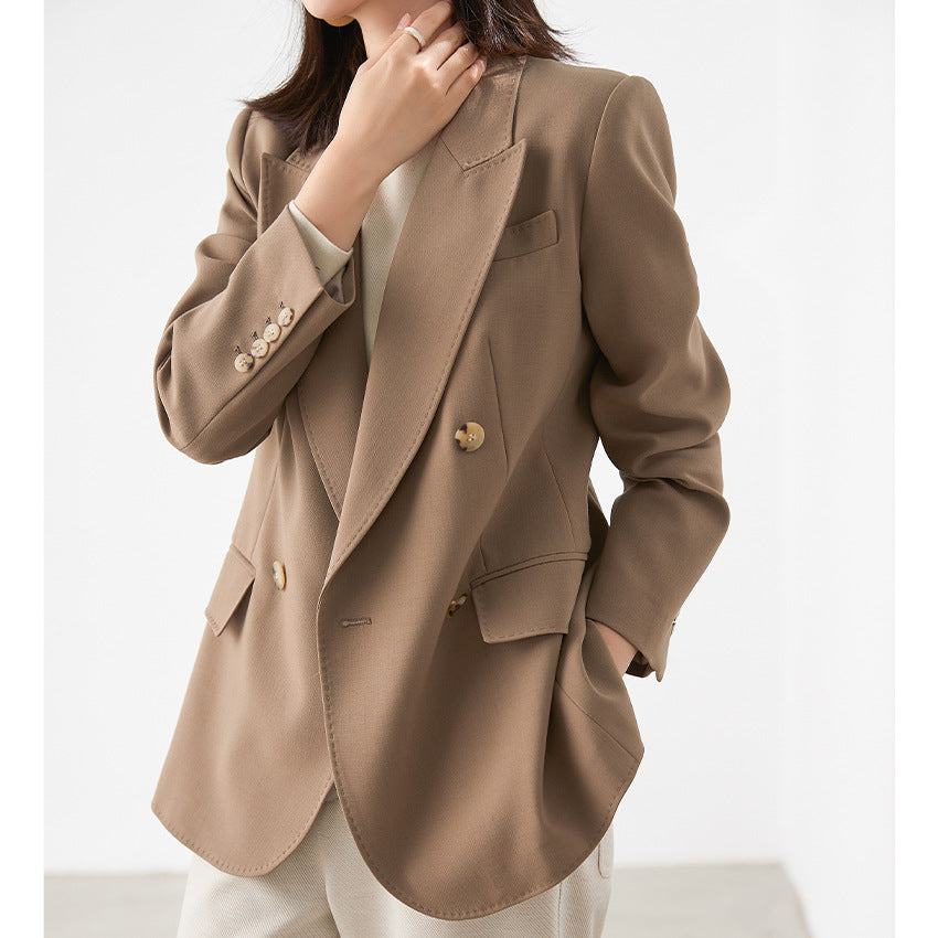 Damen Doppelreihiger strukturierter Blazer mit markantem Revers und Pattentaschen Drune